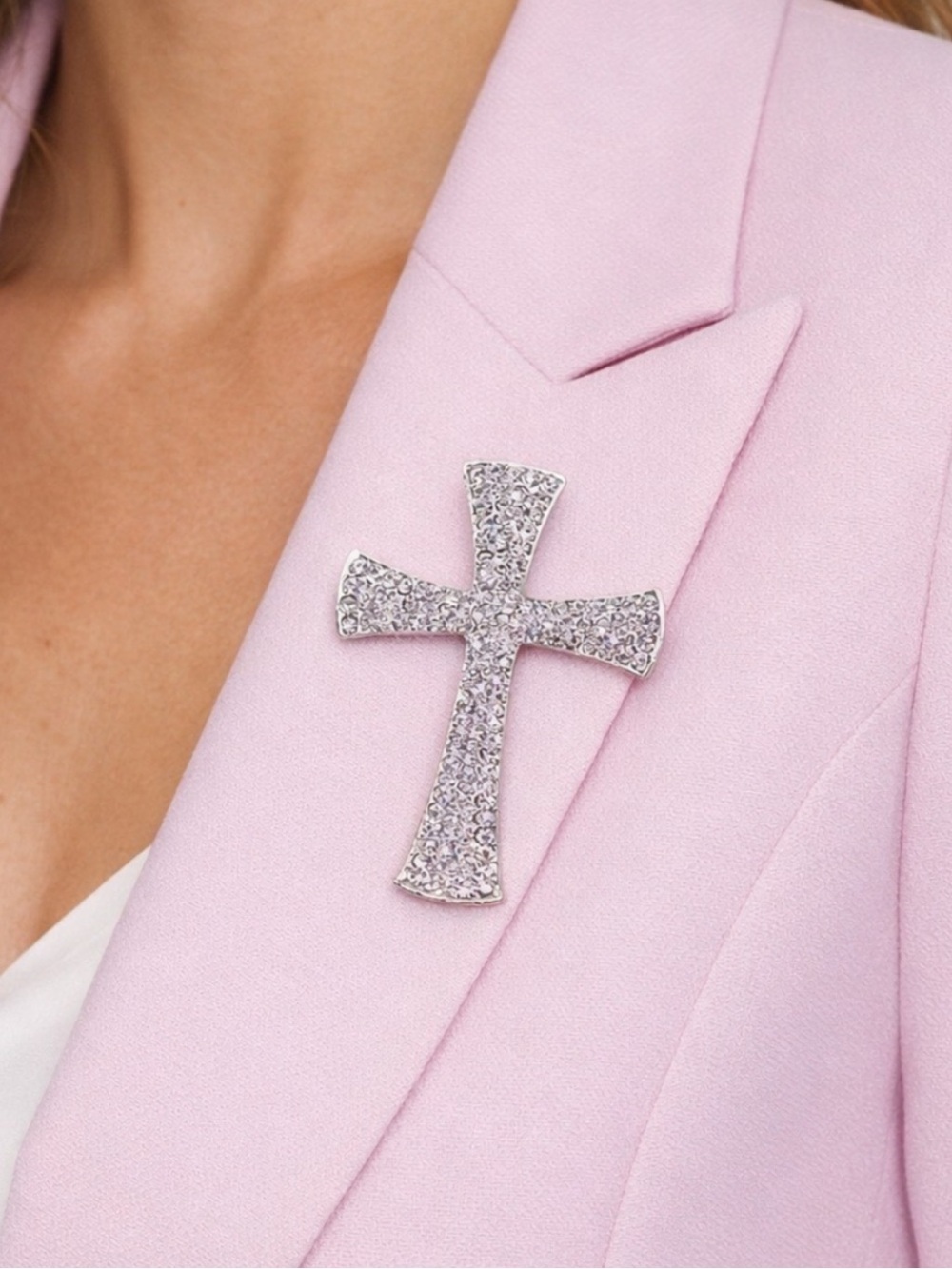 Silver Rhinestone Cross Brooch Pin 2.5” Crystal Pave Faith Lapel Jacket Scarf